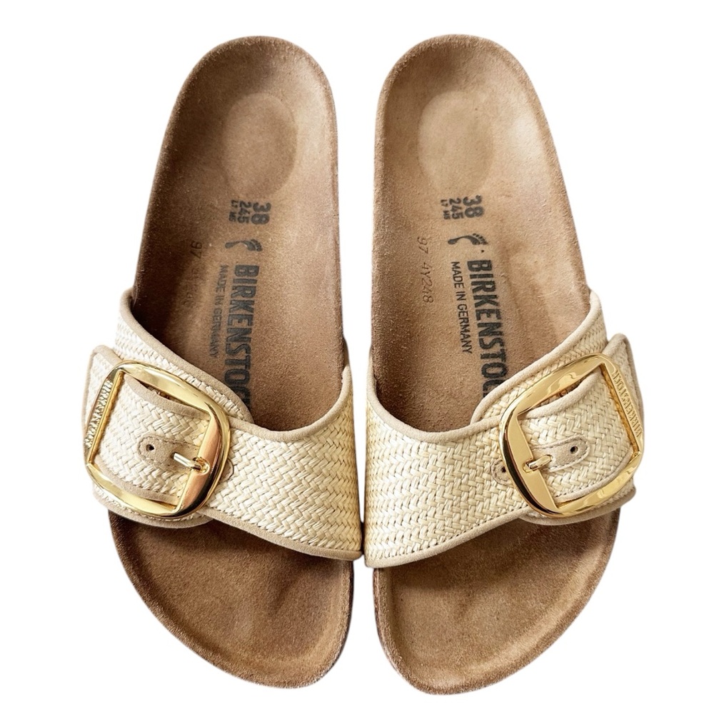 Birkenstock Cream Raffia Single-Strap Slide Sandals with Gold Buckle Detail. - Picture 8 of 13